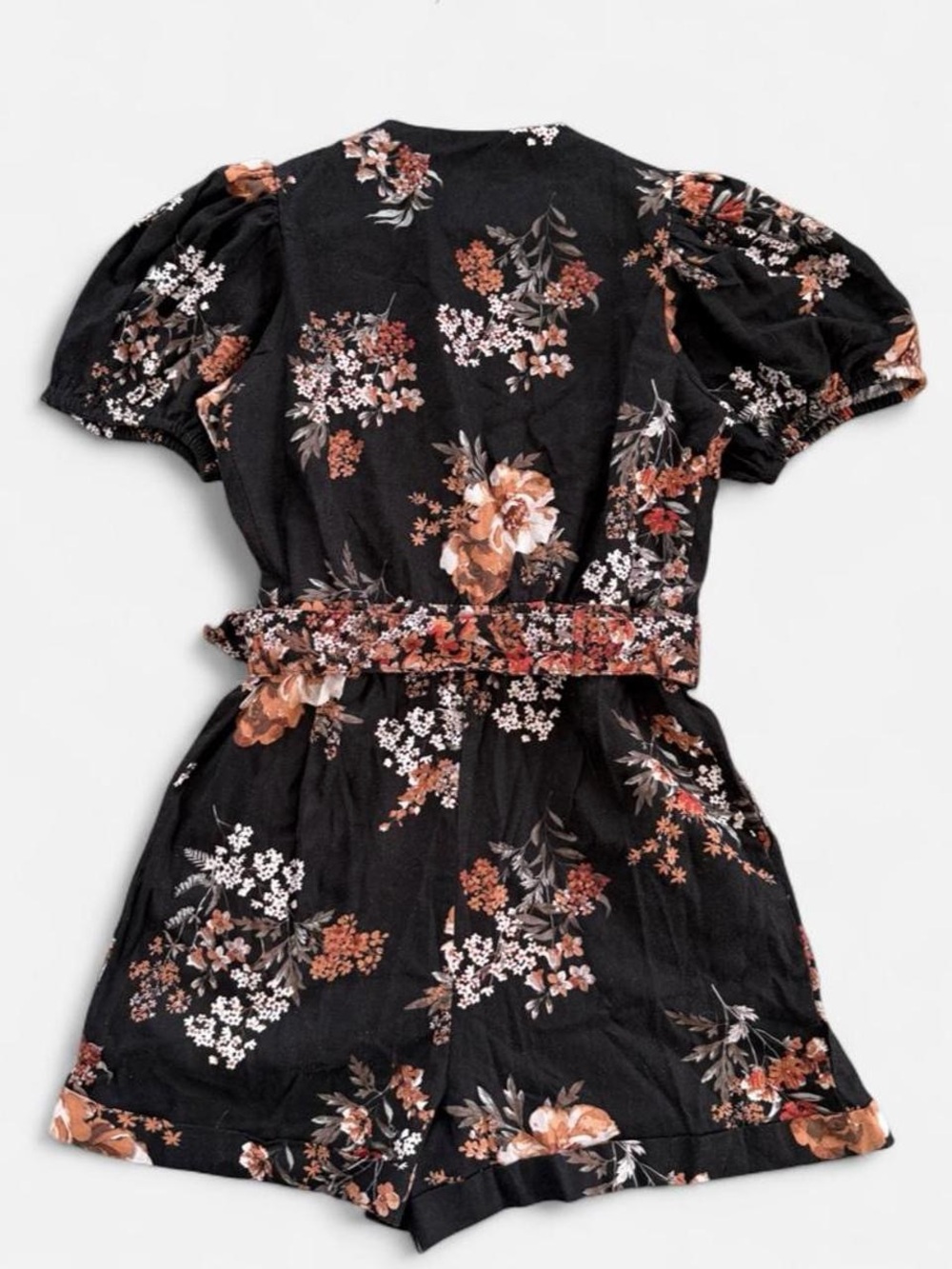 NWT CAROLINE CONSTAS Black Floral Linen Blend Belted Romper - Picture 2 of 7